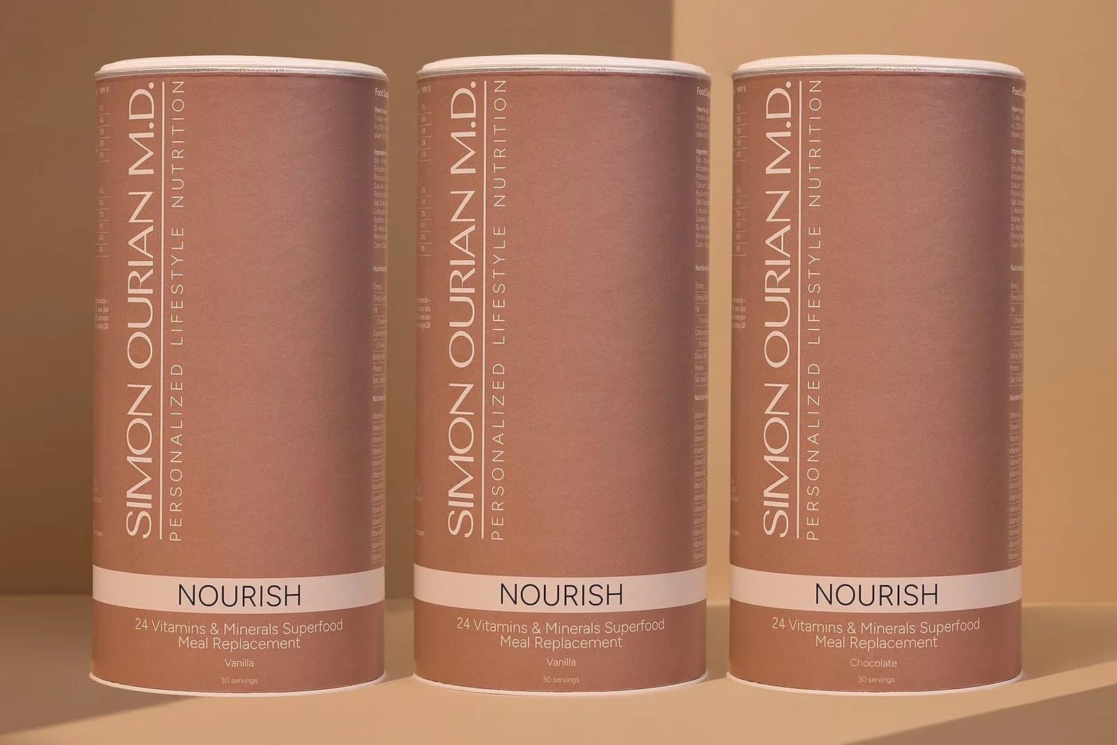 Three tubs of Simon Ourian M.D. Nourish, vanilla and chocolate